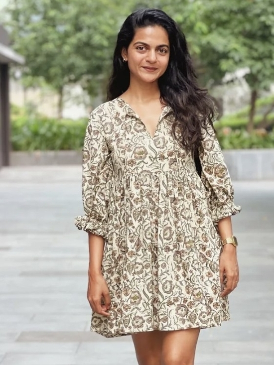 SeamsFriendly Dresses & Skirts - Floral Block Printed Cotton Gathered Short Dress
